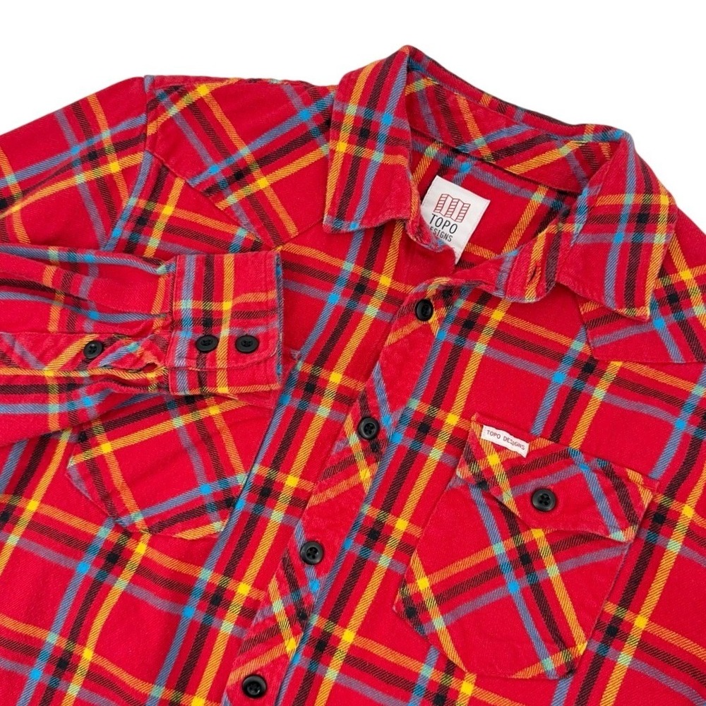 Topo Designs Mens Medium Mountain Shirt Flannel Long Sleeve Red Plaid Outdoors